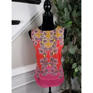 Rose + Olive Orange Floral Sleeveless Women Top Blouse Size S Paisley Print